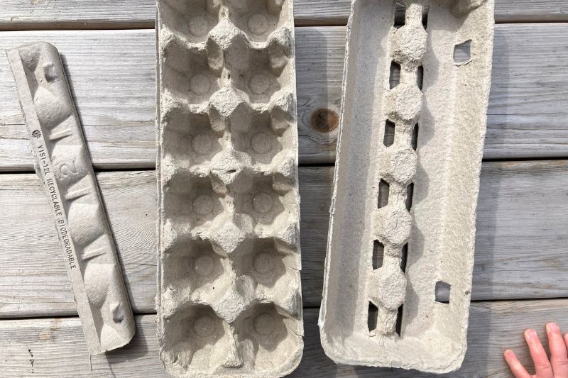 Egg carton cut into three pieces on a wooden background