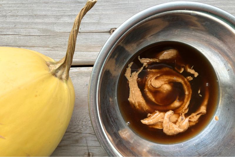 The top quarter of a spaghetti squash laying next to a metal mixing bowl with peanut butter and coconut aminos